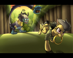 Size: 1280x1024 | Tagged: safe, artist:arceus55, ahuizotl, daring do, daring don't, mouth hold, rings of scorchero, running