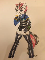 Size: 960x1280 | Tagged: safe, artist:azure-doodle, oc, oc only, oc:blackjack, cyborg, pony, semi-anthro, unicorn, fallout equestria, fallout equestria: project horizons, bipedal, bottle, fanfic, fanfic art, female, hooves, horn, mare, signature, smiling, solo, sunglasses, teeth, traditional art