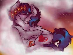 Size: 526x394 | Tagged: safe, artist:kay-kittyfox, oc, oc only, oc:frozen soul, oc:sweater weather, floral head wreath, gay, kissing, male, oc x oc