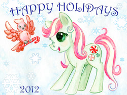 Size: 3600x2704 | Tagged: safe, artist:rayechu, minty, bird, g3, candy, candy cane, snow, snowflake, traditional art, winter