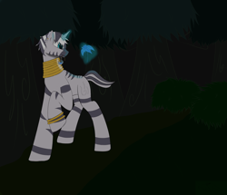 Size: 1280x1103 | Tagged: safe, artist:spirit-beat, zecora, unicorn, zebra, ear piercing, everfree forest, magic, piercing, poison joke, raised hoof, rule 63, solo, telekinesis