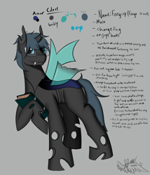 Size: 500x583 | Tagged: safe, artist:spirit-beat, oc, oc only, oc:forgery, changeling, amputee, broken horn, broken wing, fangs, glasses, reference sheet, solo