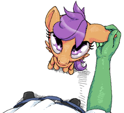 Size: 379x344 | Tagged: safe, artist:stoic5, scootaloo, oc, oc:anon, human, cute, ear scratch, offscreen character, petting, pov