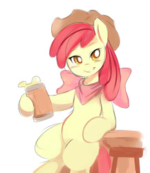 Size: 750x866 | Tagged: safe, artist:ende26, apple bloom, alcohol, cider, drink, food, grin, hat, looking at you, mug, smiling, solo