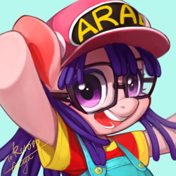 Size: 546x546 | Tagged: safe, artist:ciciya, anime, clothes, dr. slump, glasses, norimaki arale, open mouth, pixiv, ponified, smiling, solo