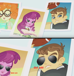 Size: 851x871 | Tagged: safe, edit, edited screencap, screencap, cheerilee, scribble dee, teddy t. touchdown, equestria girls, friendship games, photo finished, background human, comic, glasses, meme, screencap comic, sunglasses