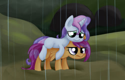 Size: 1722x1102 | Tagged: safe, artist:artoftheghostie, scootaloo, sweetie belle, appleoosa's most wanted, cute, cutealoo, diasweetes, mud, muddy, ponies riding ponies, rain, sad face, scene interpretation, wet, wet mane