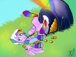 Size: 1024x768 | Tagged: safe, artist:rflzqt, oc, oc only, oc:sleepaway, pegasus, pony, clothes, gold, male, rainbow, rainbow socks, socks, stallion, striped socks, wings