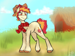 Size: 1024x768 | Tagged: safe, artist:rflzqt, oc, oc only, oc:candy apple, earth pony, pony, barn, clothes, male, scarf, solo, stallion