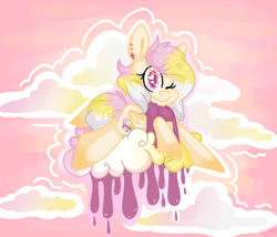 Size: 1024x878 | Tagged: safe, artist:narnicorn, artist:sharksicle, oc, oc only, oc:sunset sorbet, pegasus, pony, clothes, cloud, cloudy, female, mare, pastel, scarf, solo, wings