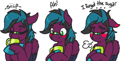 Size: 790x395 | Tagged: safe, artist:kelpiesnshit, artist:sexygoatgod, oc, oc only, oc:razzmatazz gleam, pegasus, pony, blushing, drinking, solo