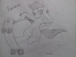 Size: 600x450 | Tagged: safe, artist:zokoira, scootaloo, grayscale, monochrome, scooter, solo, traditional art