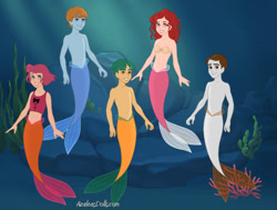 Size: 820x620 | Tagged: safe, artist:aotearoa-geek13, babs seed, featherweight, snails, snips, twist, human, mermaid, belly button, clothes, humanized, male, merboy, mermaid maker, mermaidized, merman, mermanized, midriff, seashell, species swap, topless