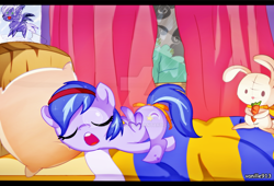 Size: 1280x870 | Tagged: dead source, safe, artist:spookyle, oc, oc only, oc:glowing star, rabbit, bed, deviantart watermark, female, filly, obtrusive watermark, plushie, sleeping, snoring, snot bubble, solo, watermark