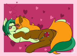 Size: 2040x1467 | Tagged: safe, artist:appelknekten, oc, oc only, oc:appel, oc:sketchy skylar, pony, appelskylar, blushing, boop, female, glasses, heart, hug, male, mare, noseboop, romantic, snuggling, stallion