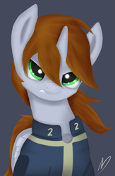 Size: 1405x2161 | Tagged: safe, artist:neighday, oc, oc only, oc:littlepip, pony, unicorn, fallout equestria, clothes, explicit source, fanfic, fanfic art, female, horn, mare, simple background, solo, teeth, vault suit