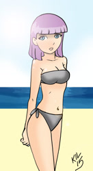 Size: 1024x1887 | Tagged: safe, artist:koku-chan, maud pie, human, anime, bandeau, beach, belly button, bikini, cleavage, clothes, female, humanized, midriff, side-tie bikini, signature, solo, sun, swimsuit