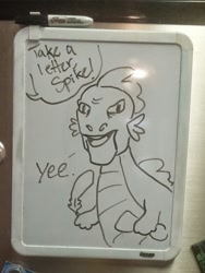 Size: 963x1280 | Tagged: safe, artist:equestrian-strumpet, spike, dingo pictures, dinosaur adventure, irl, oro (dingo pictures), photo, whiteboard, yee