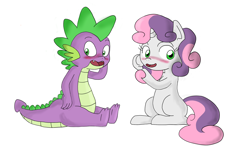 Size: 2560x1536 | Tagged: safe, spike, sweetie belle, dragon, blushing, cute, female, male, shipping, spikebelle, straight