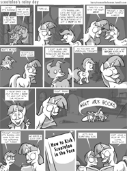 Size: 2422x3251 | Tagged: safe, artist:capnpea, scootaloo, spike, twilight sparkle, winona, dragon, pegasus, pony, unicorn, book, comic, electric light orchestra, female, filly, hand, male, mare, missing cutie mark, monochrome, no pupils, rain, song reference, suddenly hands, twilight (song), umbrella, wat