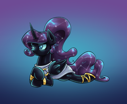 Size: 1280x1047 | Tagged: safe, artist:lovelyneckbeard, nightmare moon, alicorn, pony, clothes, female, gradient background, mare, prone, solo