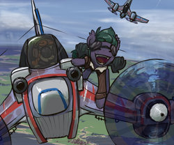 Size: 1080x900 | Tagged: safe, artist:inlucidreverie, oc, oc only, bat pony, pony, aircraft, flying, pilot, plane, roan rpg, scenery