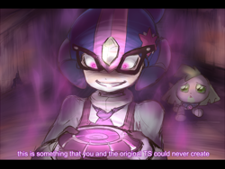 Size: 1600x1200 | Tagged: safe, artist:thegreatrouge, spike, spike the regular dog, dog, equestria girls, friendship games, armor, clothes, copy x, crossover, crystal prep academy, crystal prep academy uniform, crystal prep shadowbolts, device, dialogue, duo, evil grin, grin, magic capture device, megaman, megaman zero, scene interpretation, school uniform, unleash the magic