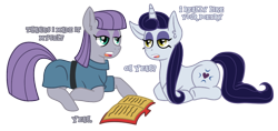 Size: 1070x506 | Tagged: safe, artist:kittiautum, maud pie, moonlight raven, earth pony, pony, unicorn, book, female, lesbian, mare, open mouth, poetry, prone, ravenmaud, shipping