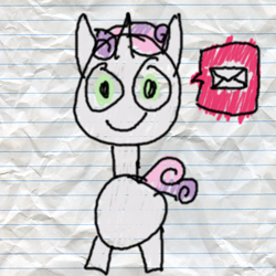 Size: 400x400 | Tagged: safe, artist:fonypan, artist:sweetie belle, sweetie belle, pony, unicorn, lined paper, mail, pictogram, quality, solo, stylistic suck, sweetie's jurnal, traditional art, tumblr