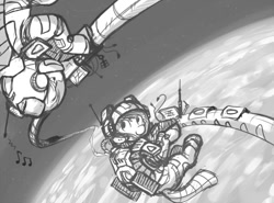 Size: 1000x740 | Tagged: safe, artist:onkelscrut, astronaut, floating, monochrome, planet, space, spacesuit