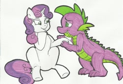 Size: 900x616 | Tagged: artist needed, safe, spike, sweetie belle, dragon, female, male, shipping, spikebelle, straight, traditional art