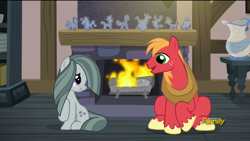 Size: 1920x1080 | Tagged: safe, screencap, big macintosh, marble pie, earth pony, pony, hearthbreakers, cute, discovery family logo, eye contact, fireplace, grin, looking back, male, marblemac, open mouth, pie family home, raised hoof, shipping, shipping fuel, shy, sitting, smiling, stallion, straight, weird rock