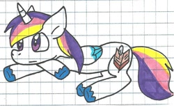 Size: 750x474 | Tagged: safe, artist:cmara, oc, oc only, oc:prince novel, alicorn, pony, alicorn oc, graph paper, lying down, offspring, parent:princess cadance, parent:shining armor, parents:shiningcadance, solo, traditional art