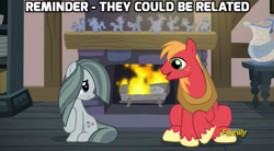 Size: 717x395 | Tagged: safe, edit, edited screencap, screencap, big macintosh, marble pie, earth pony, pony, hearthbreakers, discovery family, discovery family logo, duo, female, fireplace, image macro, incestuish, male, marblemac, mare, meme, pie family home, religion in the comments, rock doll, shipping, shipping fuel, stallion, straight, weird rock, who cares