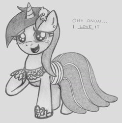 Size: 1311x1324 | Tagged: safe, artist:lockerobster, sea swirl, seafoam, clothes, crying, cute, dress, gala dress, hairpin, implied anon, monochrome, seadorable, solo, tears of joy, traditional art