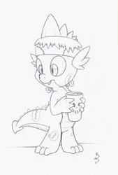 Size: 2726x4029 | Tagged: safe, artist:dfectivedvice, spike, dragon, clothes, costume, frankenstein's monster, grayscale, holding, monochrome, nightmare night costume, sketch, solo, traditional art