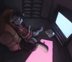 Size: 1280x1103 | Tagged: safe, artist:fruitbloodmilkshake, marble pie, earth pony, pony, clothes, dark souls, glasses, hoodie, looking at you, television, video game