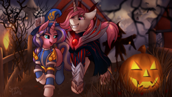 Size: 3840x2160 | Tagged: safe, artist:sugaryviolet, oc, oc only, oc:intrepid charm, oc:silverthread, pony, unicorn, female, fire, food, halloween, harrowing, jack-o-lantern, league of legends, male, nightmare night, pumpkin, scary, spooky