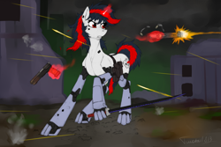 Size: 3000x2000 | Tagged: safe, artist:twotail813, oc, oc only, oc:blackjack, pony, unicorn, fallout equestria, fallout equestria: project horizons, gun, level 1 (project horizons), magic, rcf community, shooting, sword, telekinesis