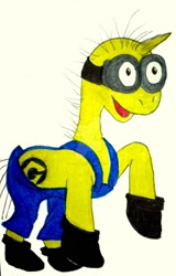 Size: 1024x1598 | Tagged: dead source, safe, artist:inkartwriter, pony, unicorn, abomination, background pony strikes again, clothes, despicable me, deviantart watermark, downvote bait, eldritch abomination, god is dead, goggles, kill it with fire, minion, minions, obtrusive watermark, open mouth, overalls, ponified, raised hoof, shoes, smiling, solo, traditional art, watermark, what has magic done, what has science done, why