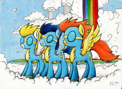 Size: 2000x1455 | Tagged: safe, artist:ecmonkey, blaze, soarin', surprise, pony, cloudsdale, goggles, wonderbolts, wonderbolts uniform