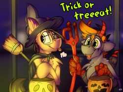 Size: 4336x3259 | Tagged: safe, artist:ralek, oc, oc only, oc:digital import, oc:kribbles, earth pony, hippogriff, pony, broom, clothes, costume, devil, devil horns, fake teeth, food, halloween, hat, holiday, jack-o-lantern, nightmare night, pumpkin, pumpkin bucket, talking, talons, text, tongue out, trick or treat, witch, witch hat, young