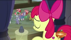 Size: 1366x768 | Tagged: safe, screencap, apple bloom, limestone pie, maud pie, hearthbreakers, angry, pie family home