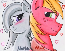 Size: 1628x1263 | Tagged: safe, artist:the1king, big macintosh, marble pie, earth pony, pony, hearthbreakers, bedroom eyes, blushing, heart, looking back, male, marblemac, shipping, smiling, stallion, straight, that was fast