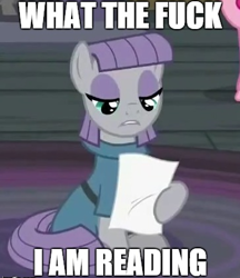 Size: 364x422 | Tagged: safe, edit, edited screencap, screencap, maud pie, hearthbreakers, caption, grammar error, image macro, meme, vulgar, what the fuck am i reading