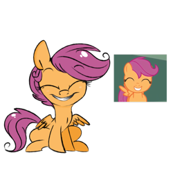 Size: 1024x1024 | Tagged: safe, artist:tokipeach, scootaloo, cute, cutealoo, eyes closed, grin, scene interpretation, simple background, sitting, smiling, solo, transparent background