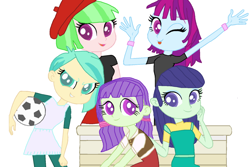 Size: 1024x685 | Tagged: safe, artist:first-flakes-of-snow, blueberry cake, drama letter, mystery mint, starlight, tennis match, watermelody, equestria girls, background human, base used, mane six opening poses, simple background, younger