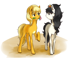 Size: 910x735 | Tagged: safe, artist:luciferamon, barely pony related, colt, courtship, cute, eye contact, female, filly, ico, ico el caballito valiente, ico the brave little horse, looking at each other, male, mouth hold, preciosa, raised hoof, shipping, straight