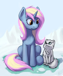 Size: 821x1000 | Tagged: safe, artist:hieronymuswhite, oc, oc only, oc:arctic sunbeam, fox, pony, unicorn, arctic fox, duo, female, looking at each other, mare, sitting, snow