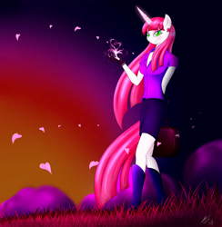 Size: 2000x2048 | Tagged: safe, artist:bludraconoid, lovestruck, anthro, earring, magic, piercing, solo, sunset